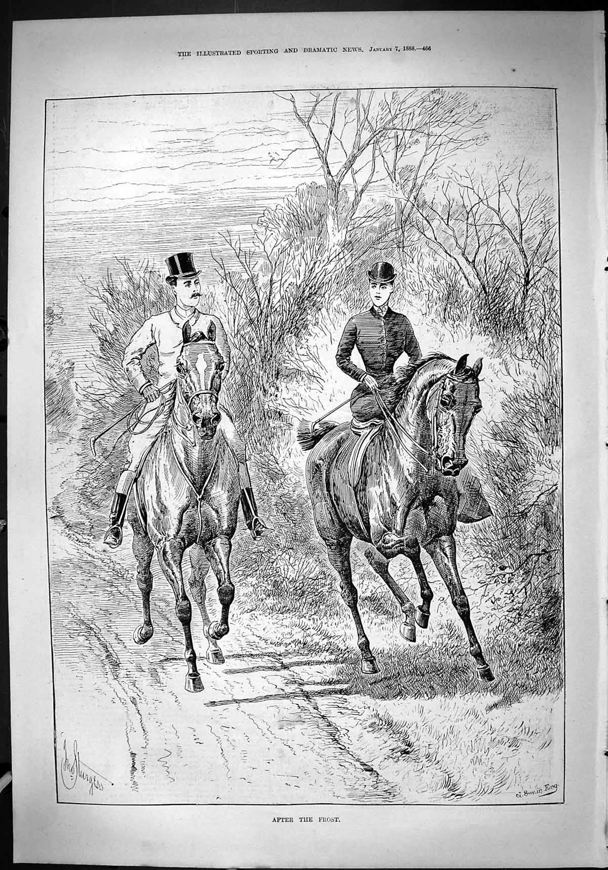 Original Old Antique Print 1888 After The Frost Man Lady Hunting Horses Swain