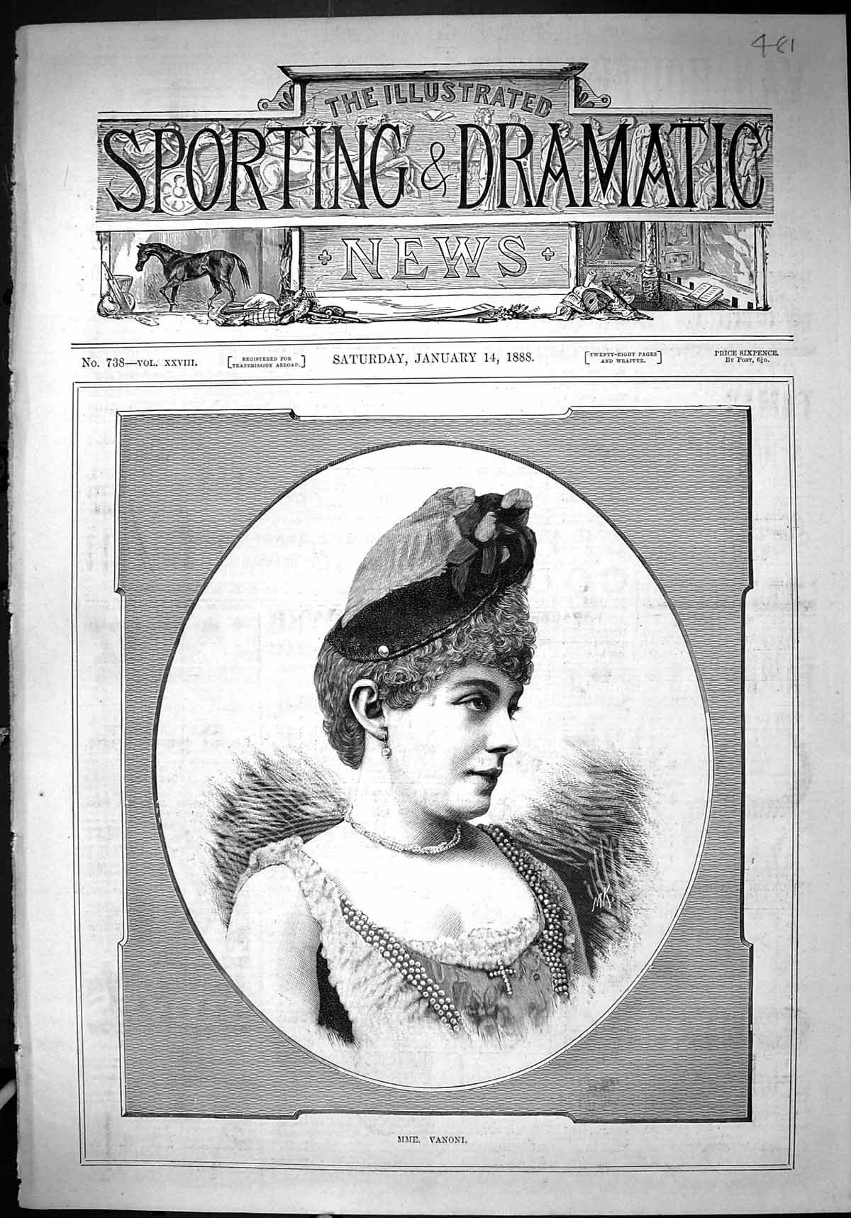 Original Old Antique Print 1888 Portrait Mme. Vanoni Beautiful Woman Victorian