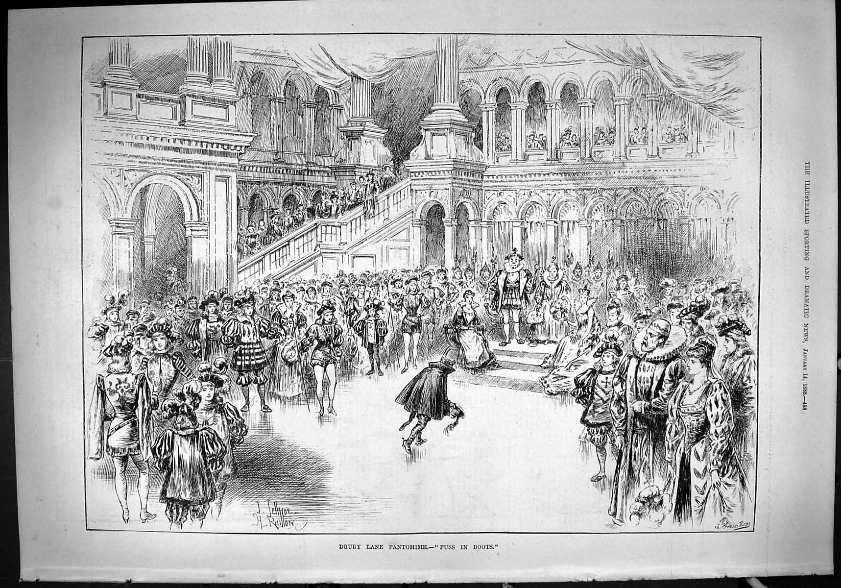 Original Old Antique Print Drury Lane Pantomime Puss Boots Theatre Actors 1888