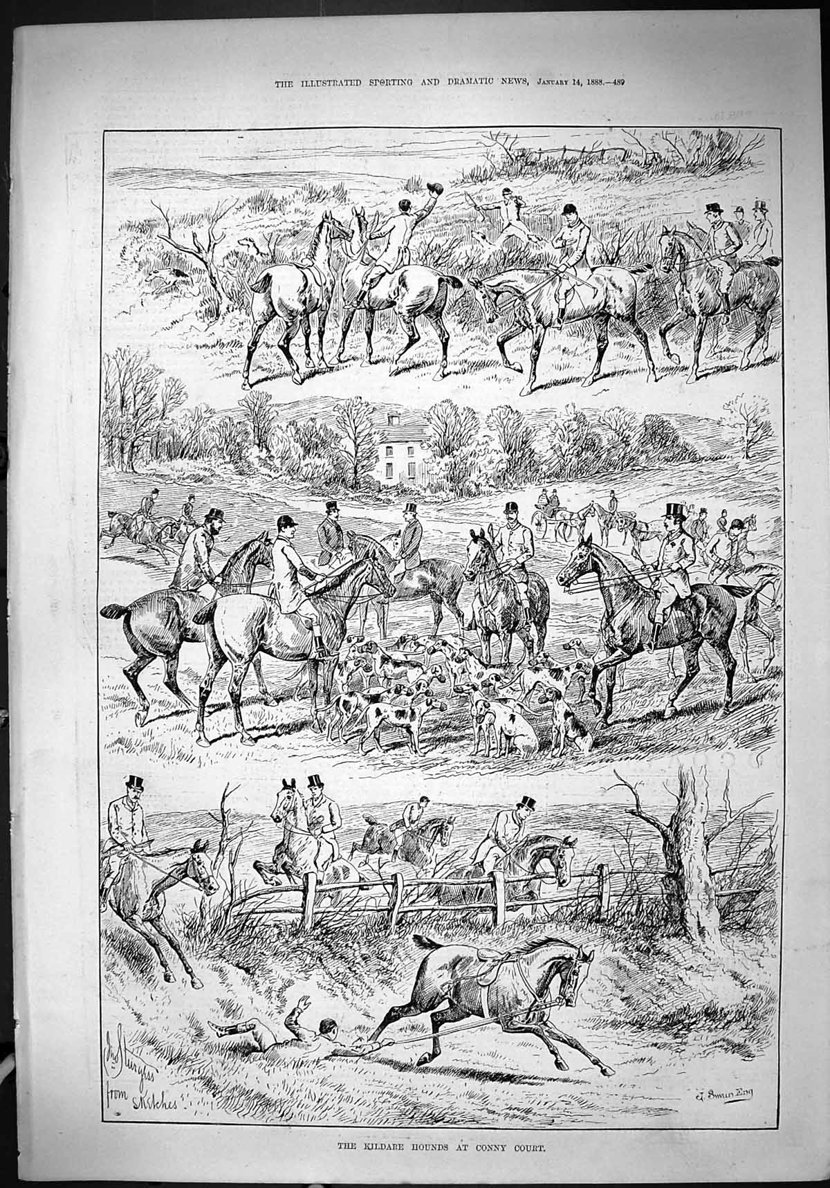 Antique Old Print 1888 Kildare Hounds Dogs Conny Court Hunting Horses Sport