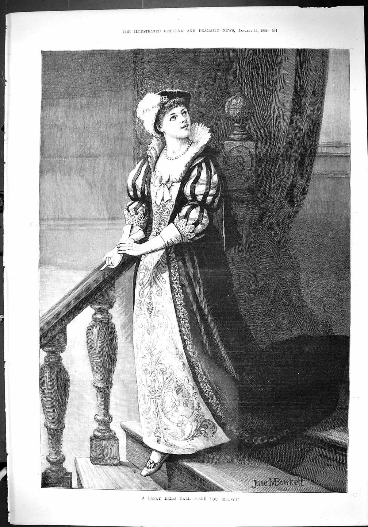 Antique Old Print 1888 Fancy Dress Ball Beautiful Woman House Stairs Bowkett