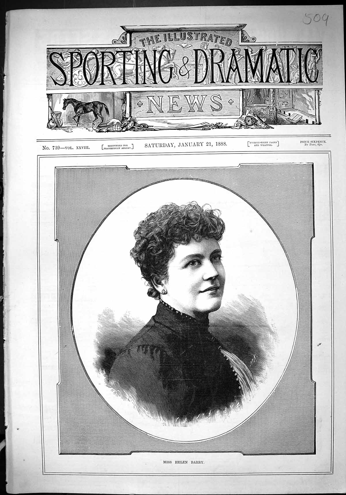 Original Old Antique Print 1888 Portrait Beautiful Woman Miss Helen Barry 19th