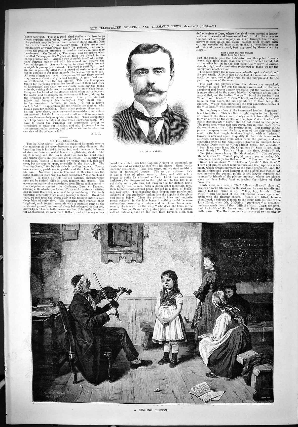 Old Antique Print 1888 Portrait Alec Marsh Children Music Singing Lesson 19th