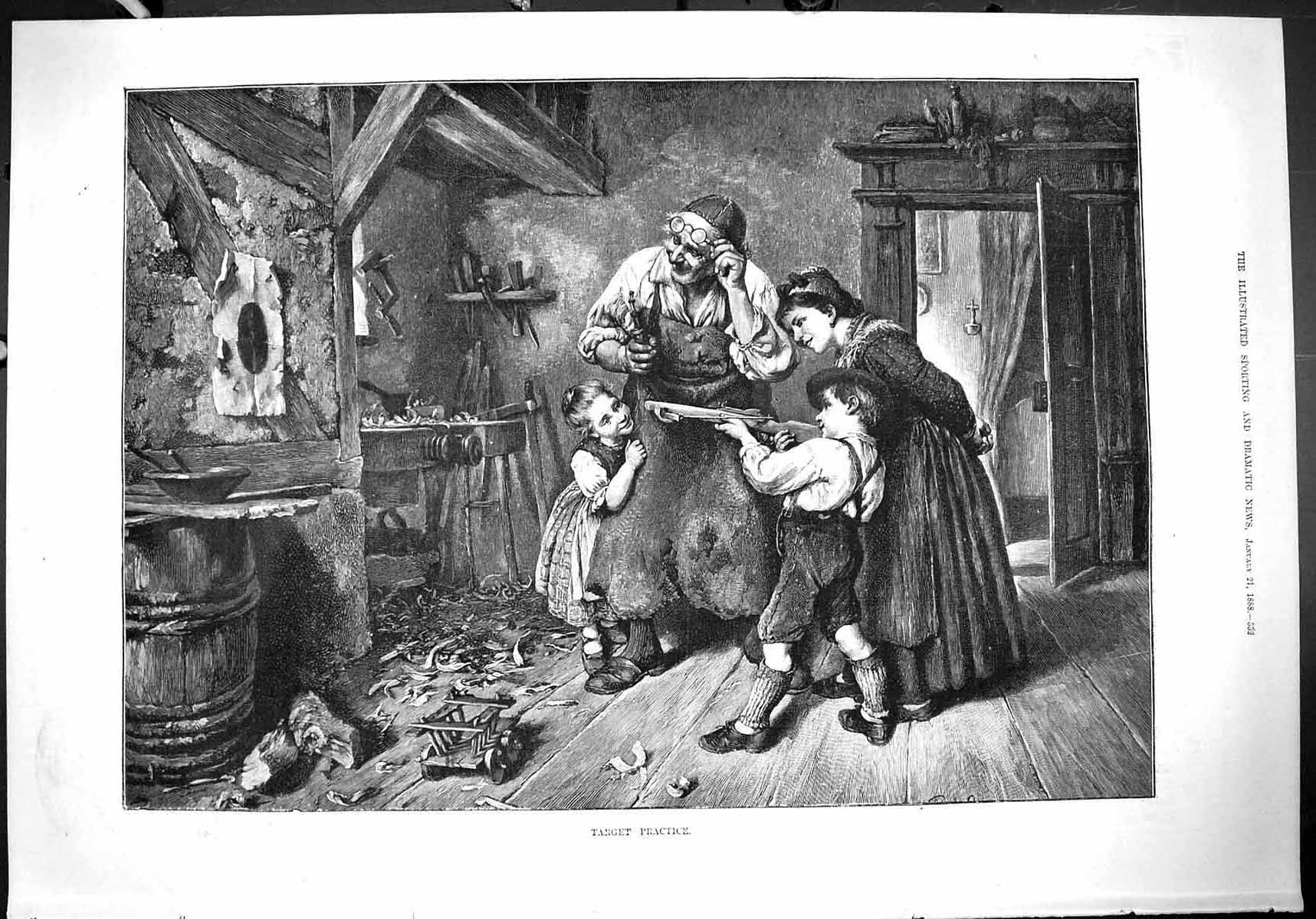 Old Antique Print 1888 Target Practice Young Boy Crossbow Carpenter House 19th