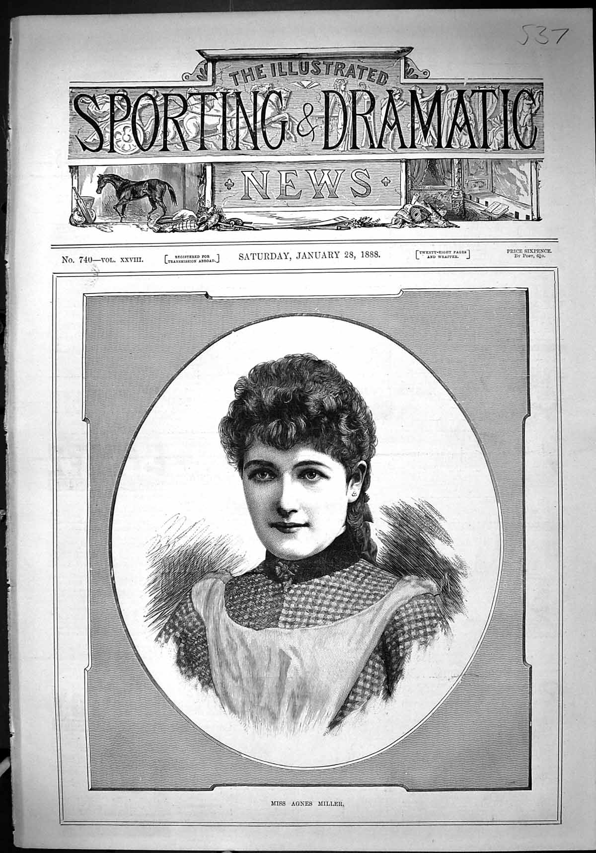 Original Old Antique Print Portrait 1888 Beautiful Woman Miss Agnes Miller 19th