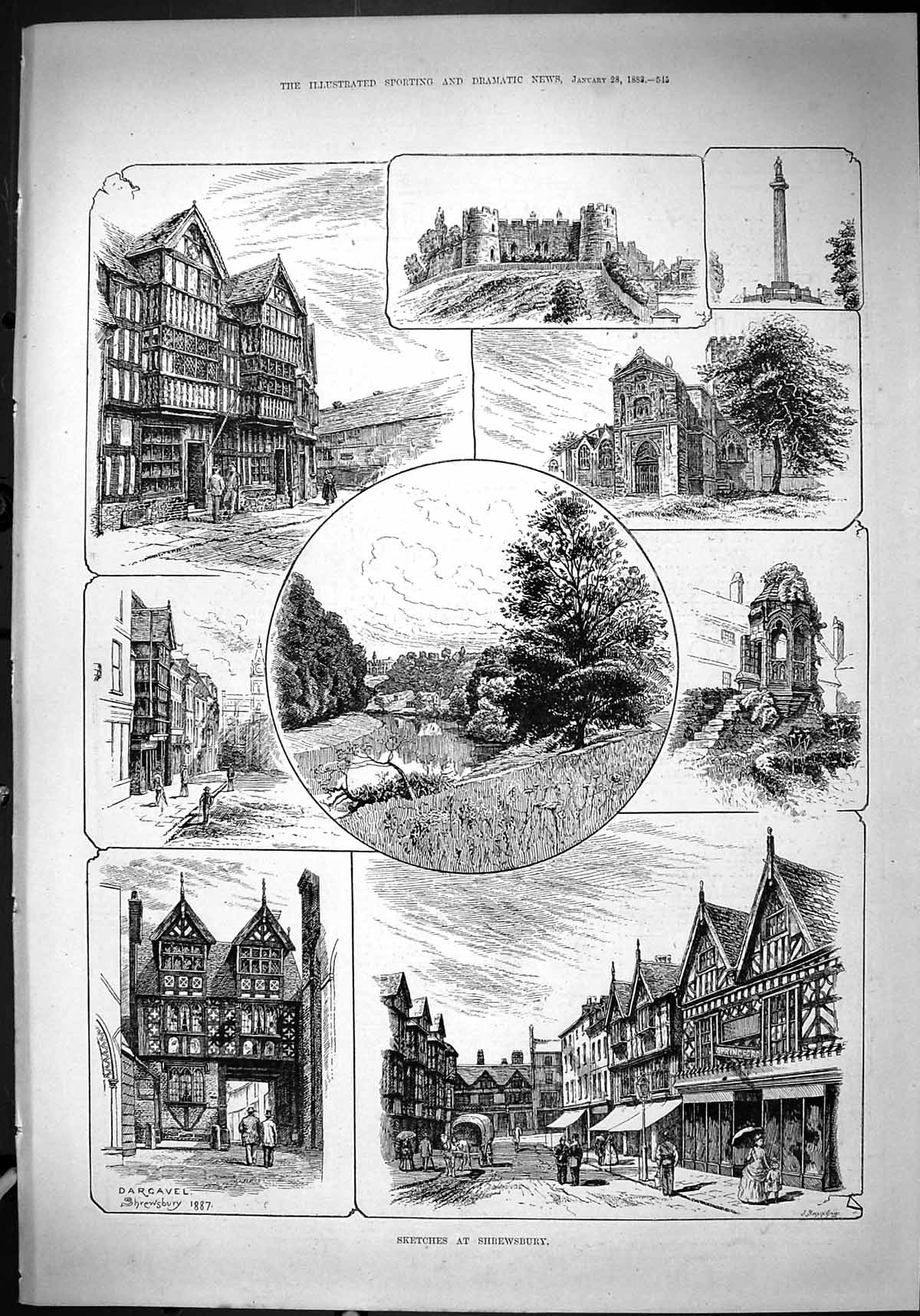 Antique Old Print 1888 Shrewsbury Church Houses Architecture Dargavel Swain