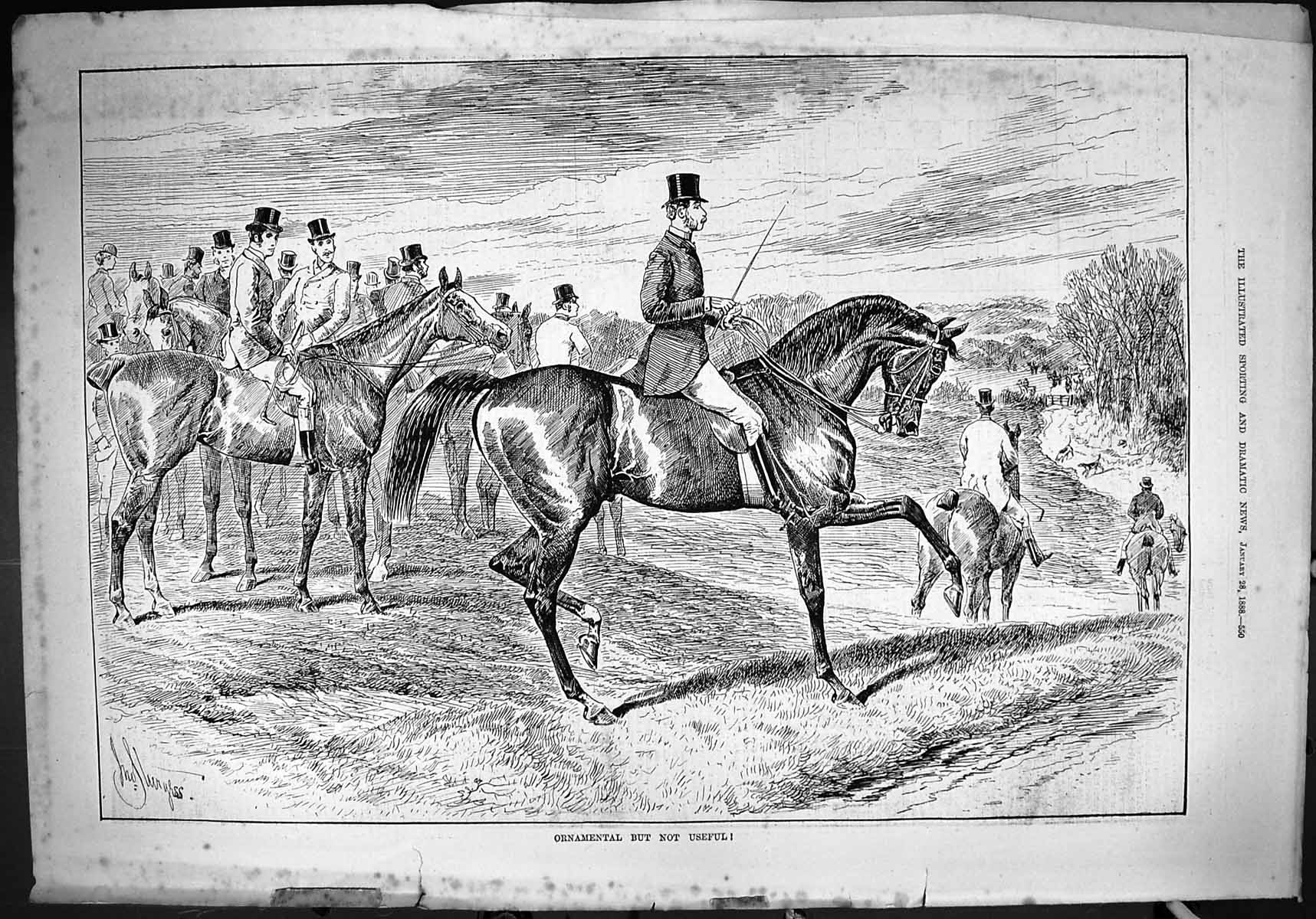 Antique Print 1888 Ornamental Not Usefull Beautiful Hunting Horse Huntsmen 19th