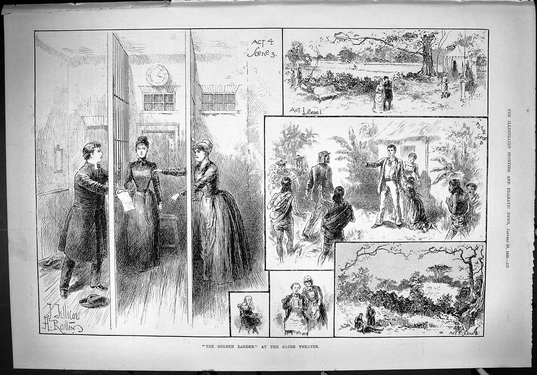 Original Old Antique Print 1888 Gen Ladder Globe Theatre Scene Actors Jellicoe