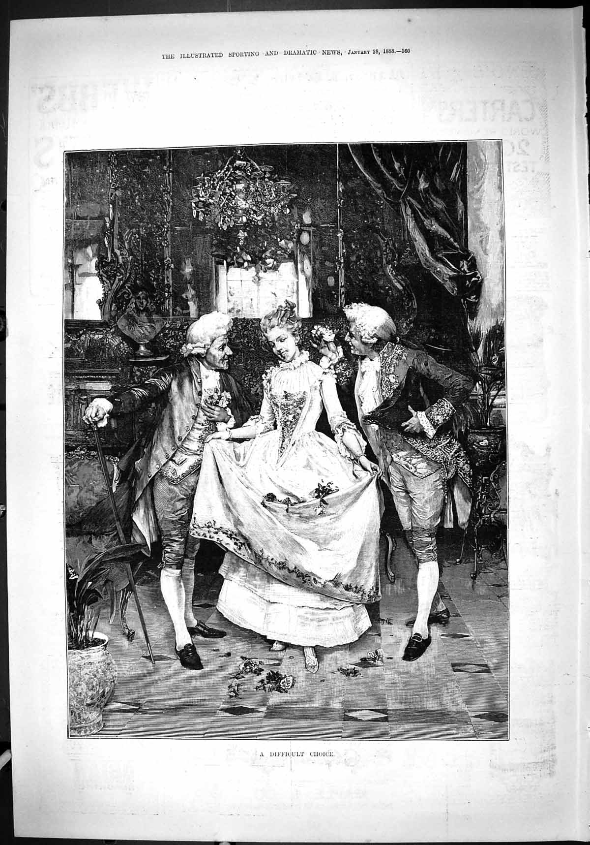 Original Old Antique Print 1888 Difficult Choice Lady Men Romance Flowers 19th