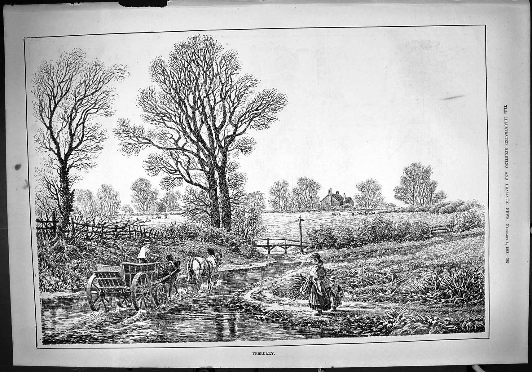 Antique Old Print 1888 February Scene Woman Gathering Wood Horse Cart Stream