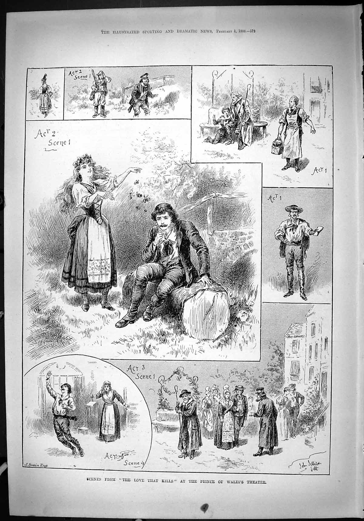 Antique Old Print 1888 Scene Love That Kills Prince Wales'S Theatre Actors 19th