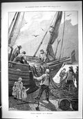 Antique Old Print 1888 Hastings Fishermen Unloading Boat Fish Charles Stuart