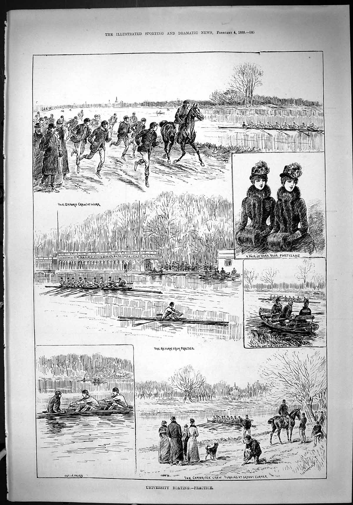 Old Print University Boat Race Oxford Cambridge Crew Practice River 1888 19th