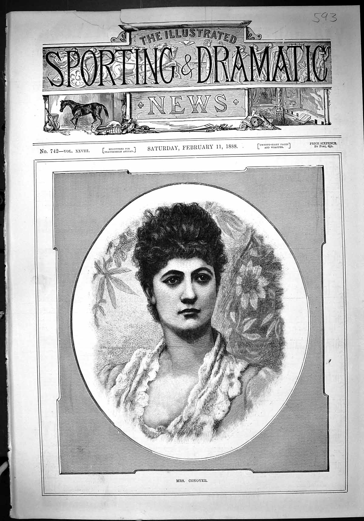 Original Old Antique Print Damaged Portrait 1888 Mrs Conover Beautiful Woman