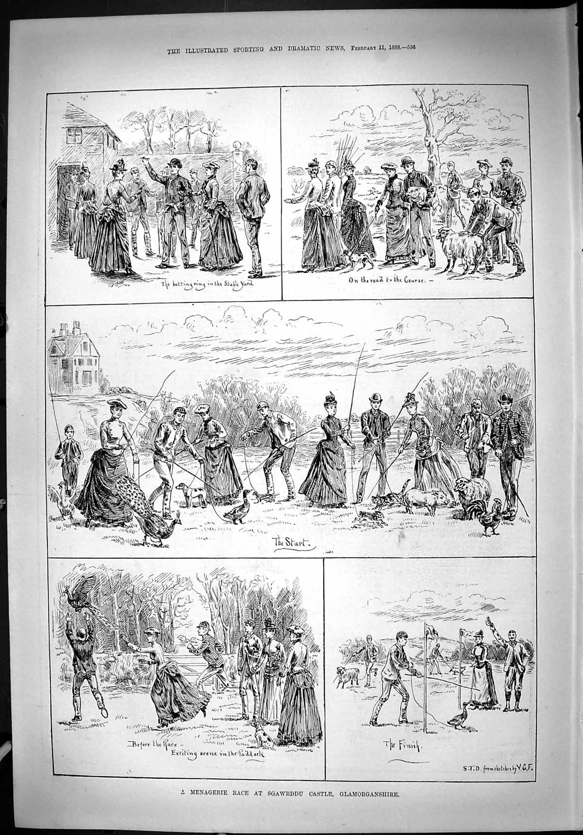 Antique Old Print 1888 Menagerie Race Sgawrddu Castle Glamorganshire Sport 19th