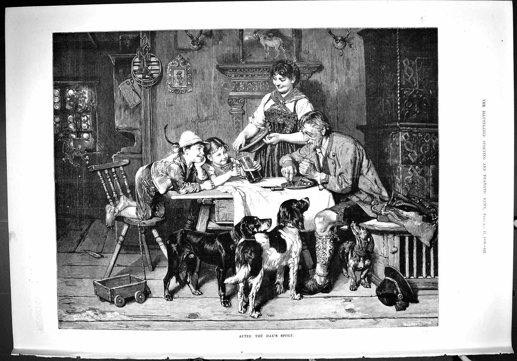 Old Scene After Day'S Sport Man Lady Children Dinner Table Dogs 1888 Victorian