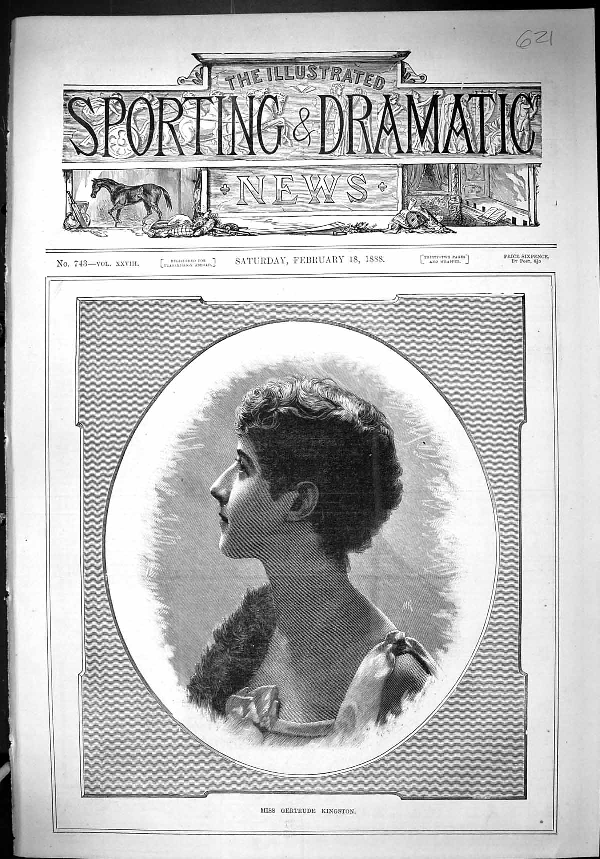 Original Old Antique Print Portrait 1888 Miss Gertrude Kingston Beautiful Woman