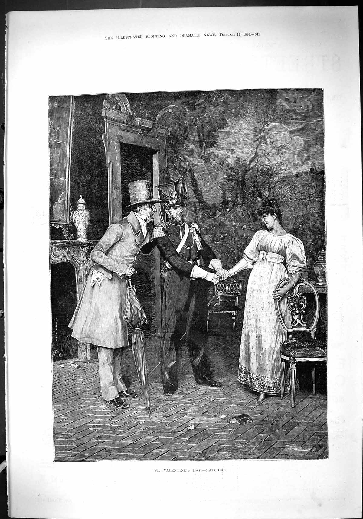 Original Old Antique Print St. Valentine'S Day Romance Men Beautiful Lady 1888