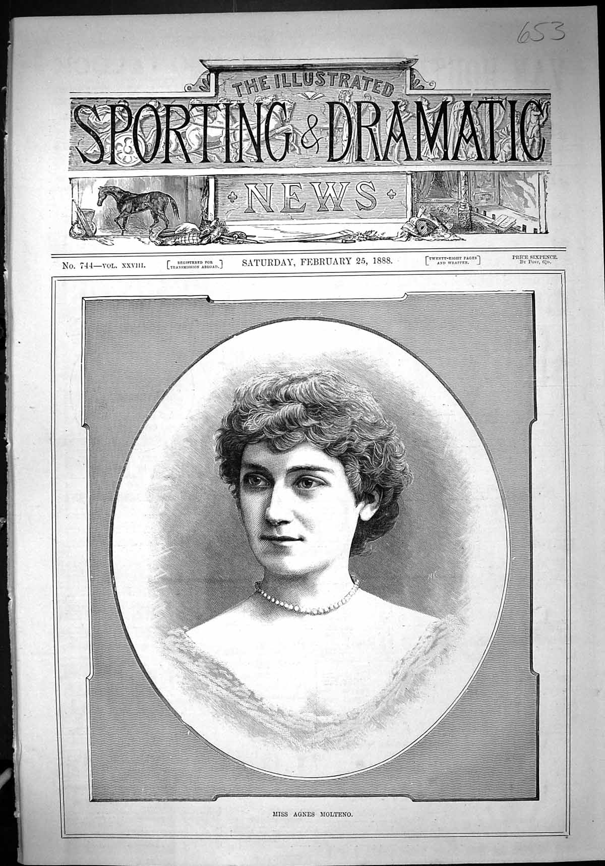 Original Old Antique Print Portrait 1888 Miss Agnes Molento Beautiful Woman