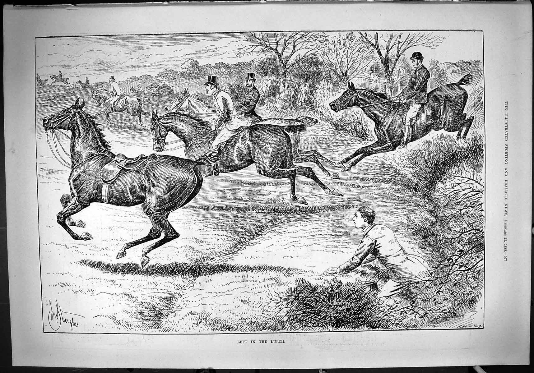 Antique Old Print Hunting Horses Jumping Hedge Fallen Man Huntsmen Sport 1888