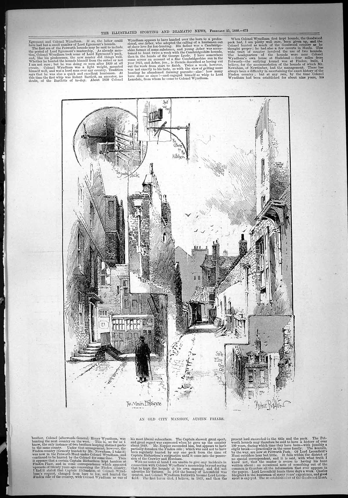 Original Old Antique Print 1888 City Mansion Austin Friars Architecture 19th