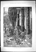 Original Old Antique Print 1888 Scene Court Mosque Birds People 19th