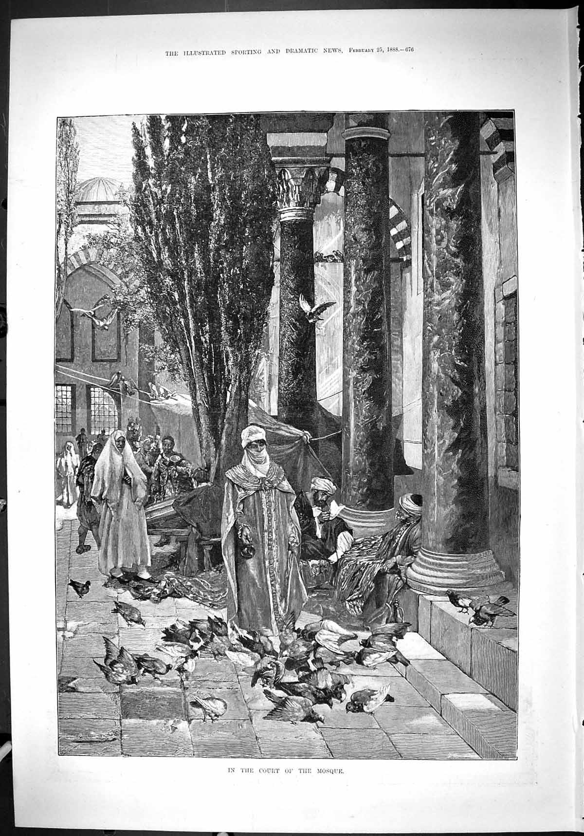 Original Old Antique Print 1888 Scene Court Mosque Birds People 19th
