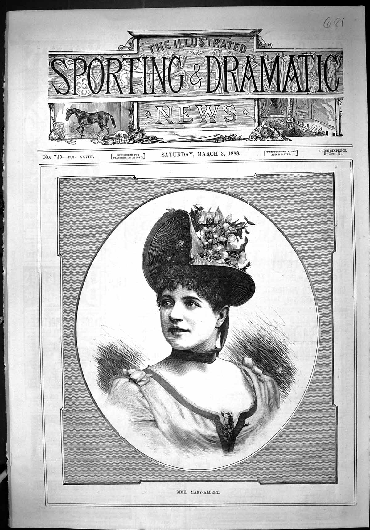 Original Old Antique Print 1888 Portrait Mme. Mary Albert Beautiful Woman 19th