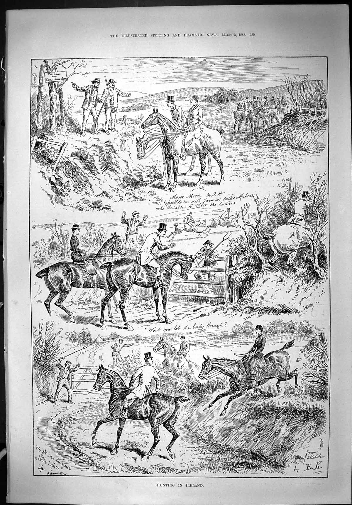 Antique Old Print 1888 Hunting Ireland Horses Major Moore Farmers Huntsmen 19th