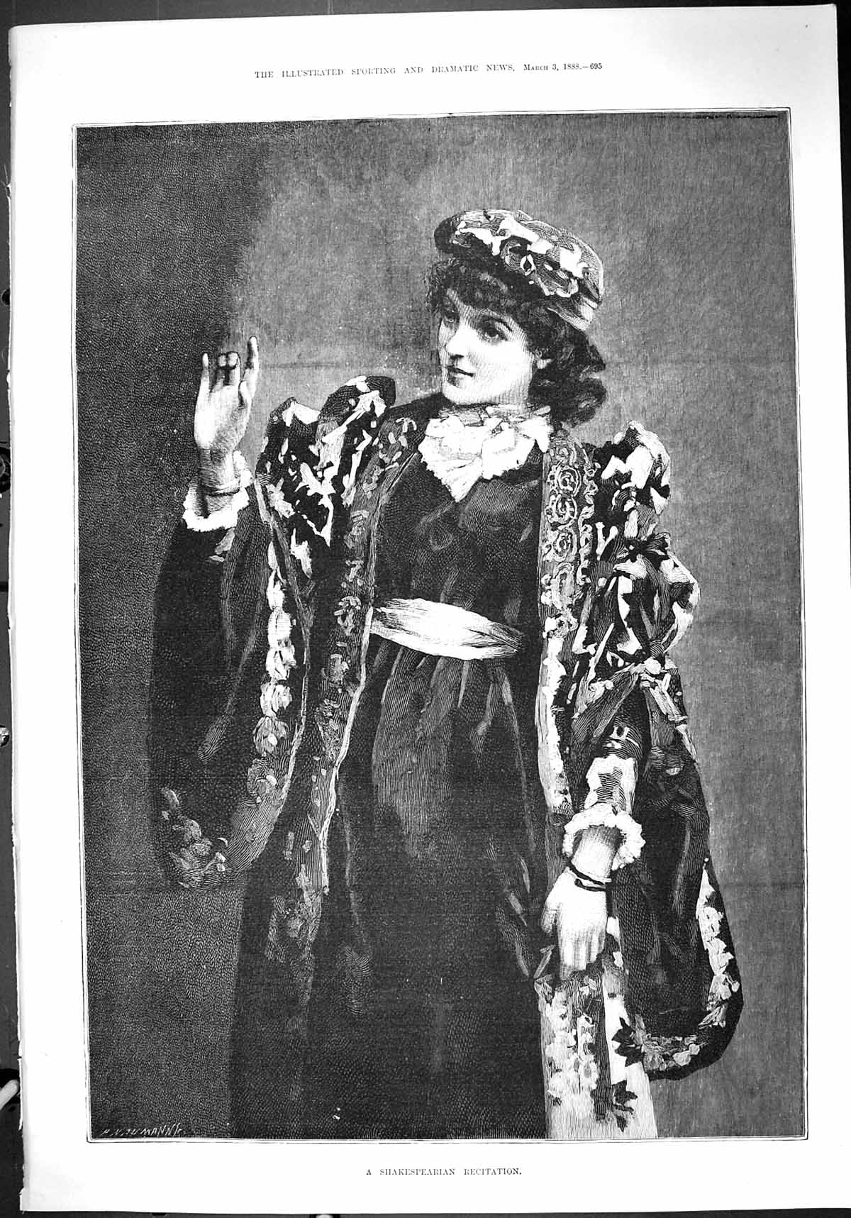 Old Antique Print Portrait Beautiful Woman 1888 Shakespearian Recitation 19th