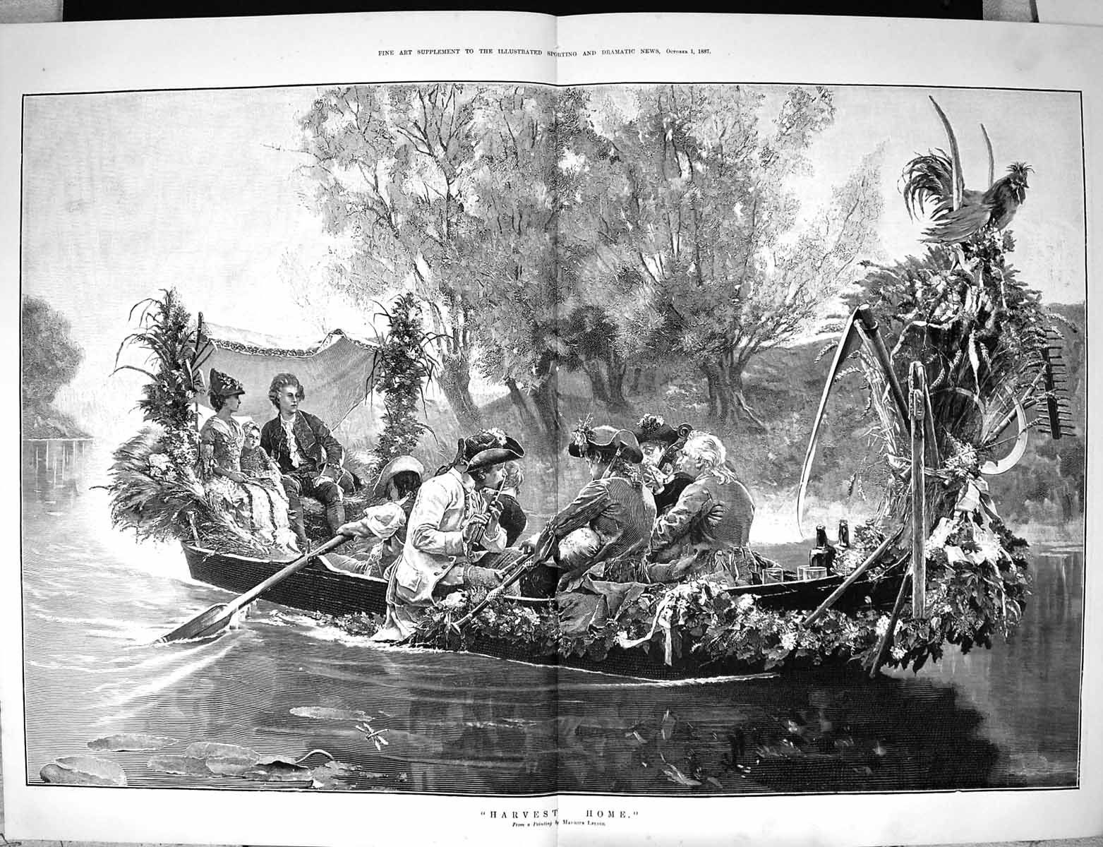 Antique Old Print 1887 Harvest Home River Boat Scene Music Maurice Leloir 19th