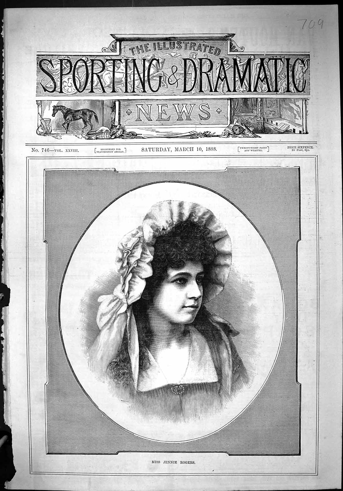 Original Old Antique Print Portrait 1888 Miss Jennie Rogers Beautiful Woman