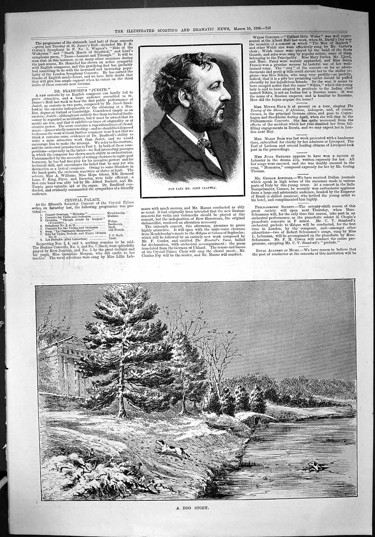 Old Antique Print 1888 Portrait John Clayton Dog Story River Fallen Ice 19th