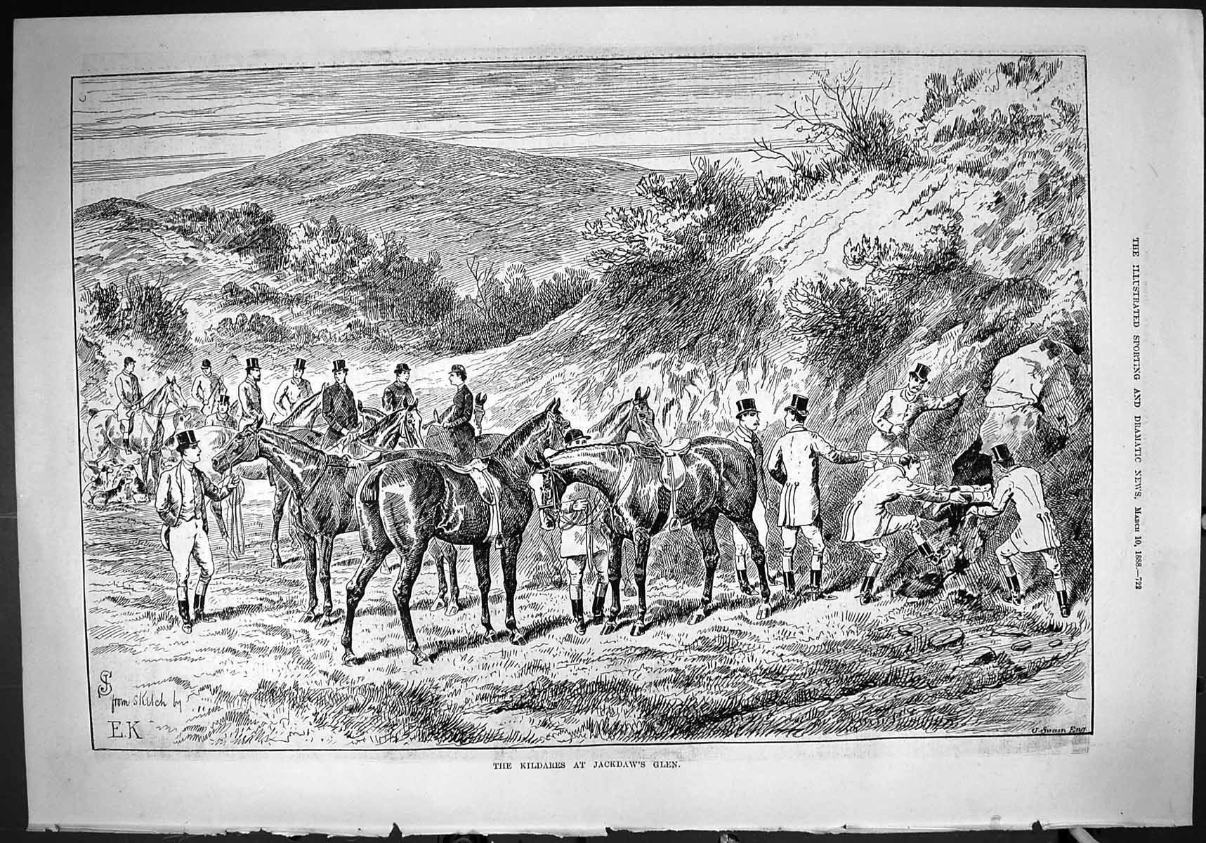 Original Old Antique Print Hunting Kildares Jackdaw'S Glen Horses Huntsmen 1888