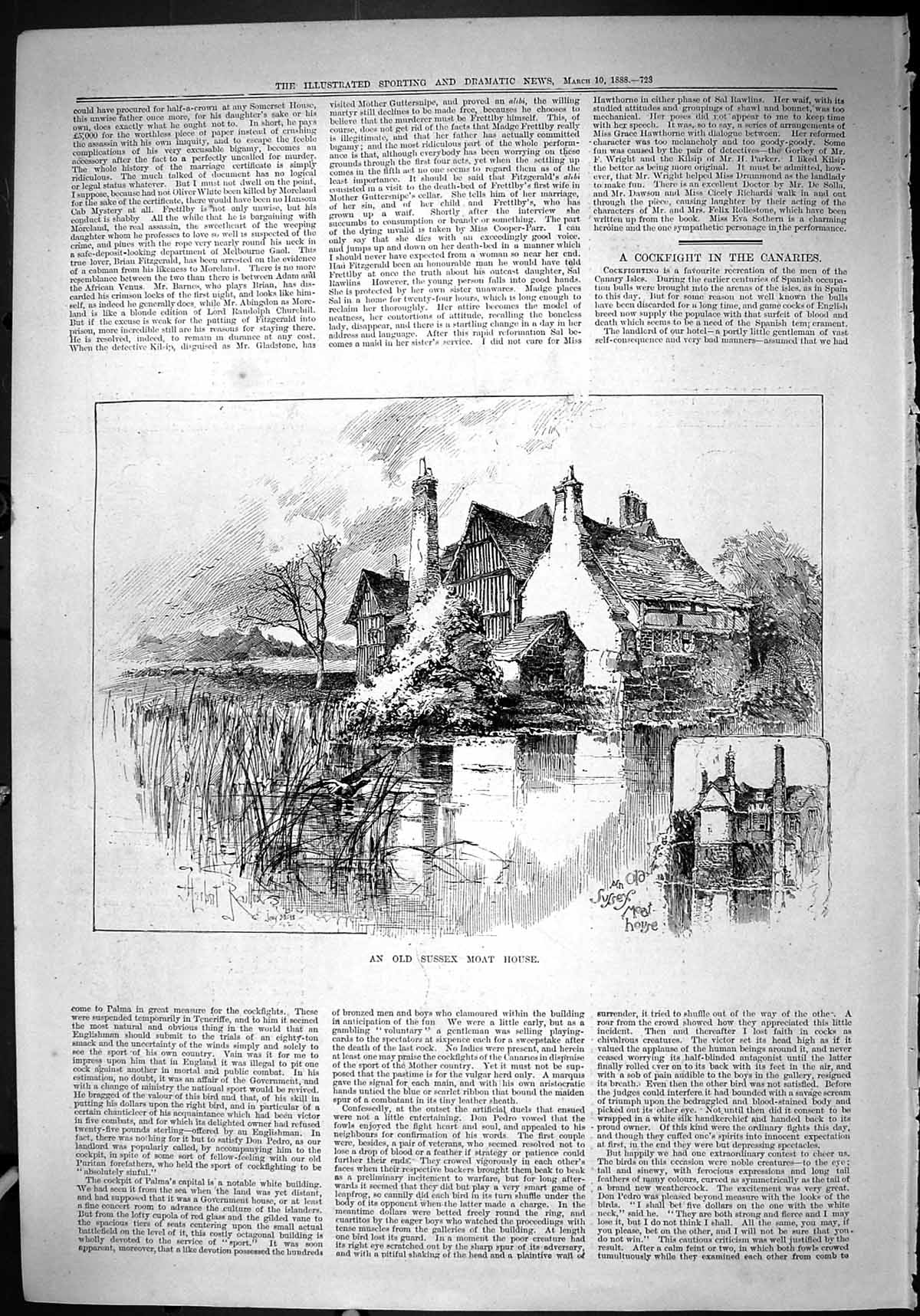Antique Old Print Mystery Hansom Cab Theatre Critic 1888 Sussex Moat House 19th