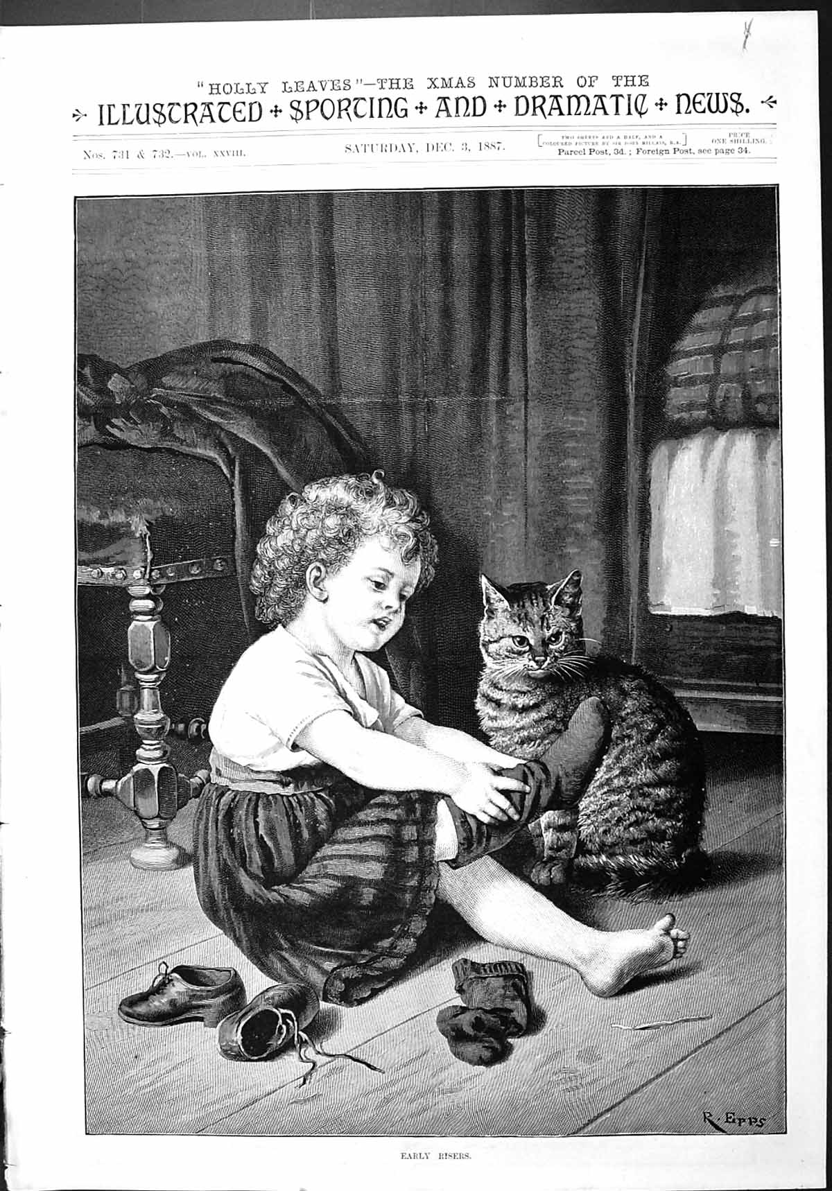 Old Antique Print 1887 Early Risers Young Child Socks Kitten Bedroom Epps 19th