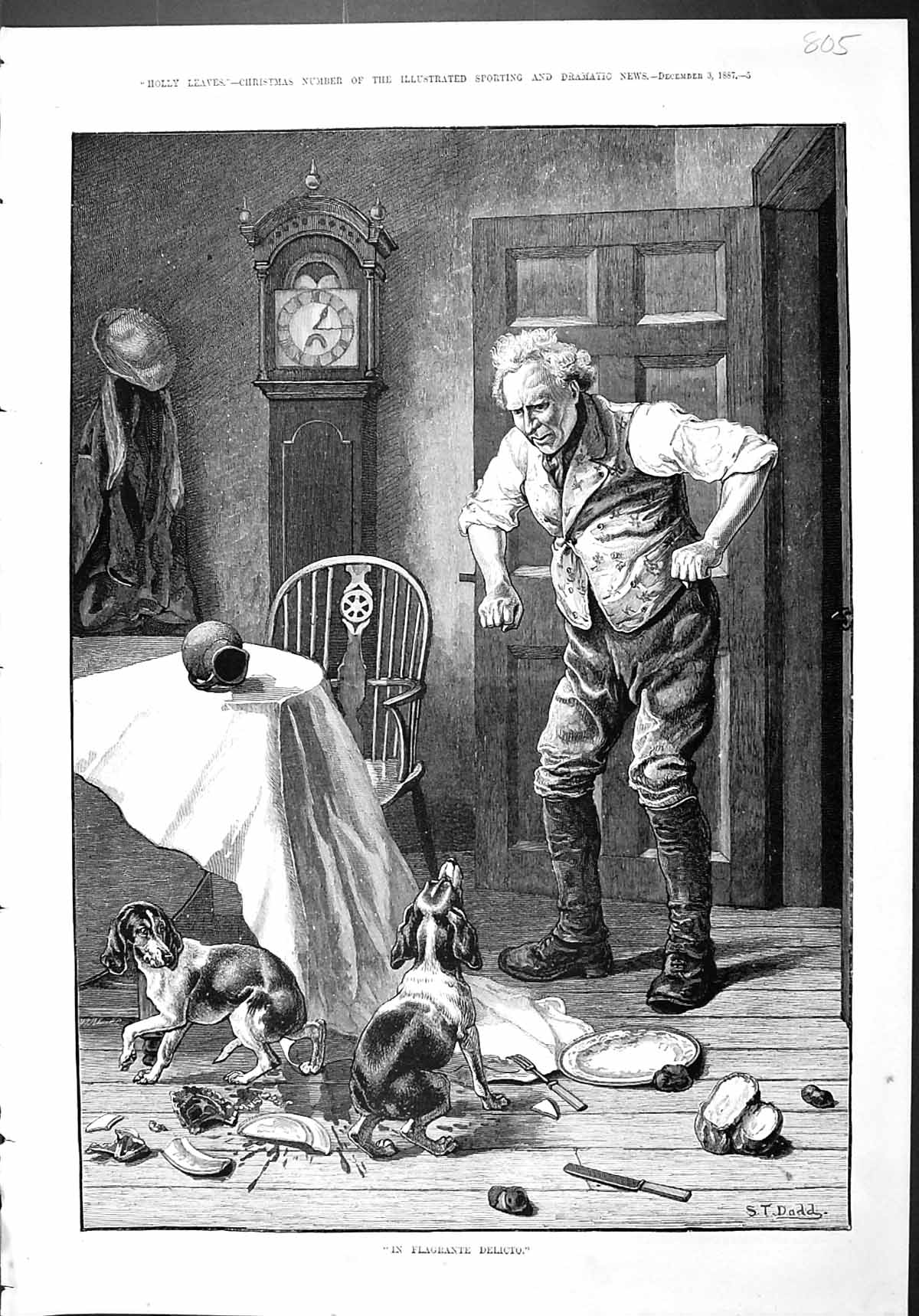Old Antique Print Flagrante Delicto Angry Man Dogs Dinner Table Dadd 1887 19th