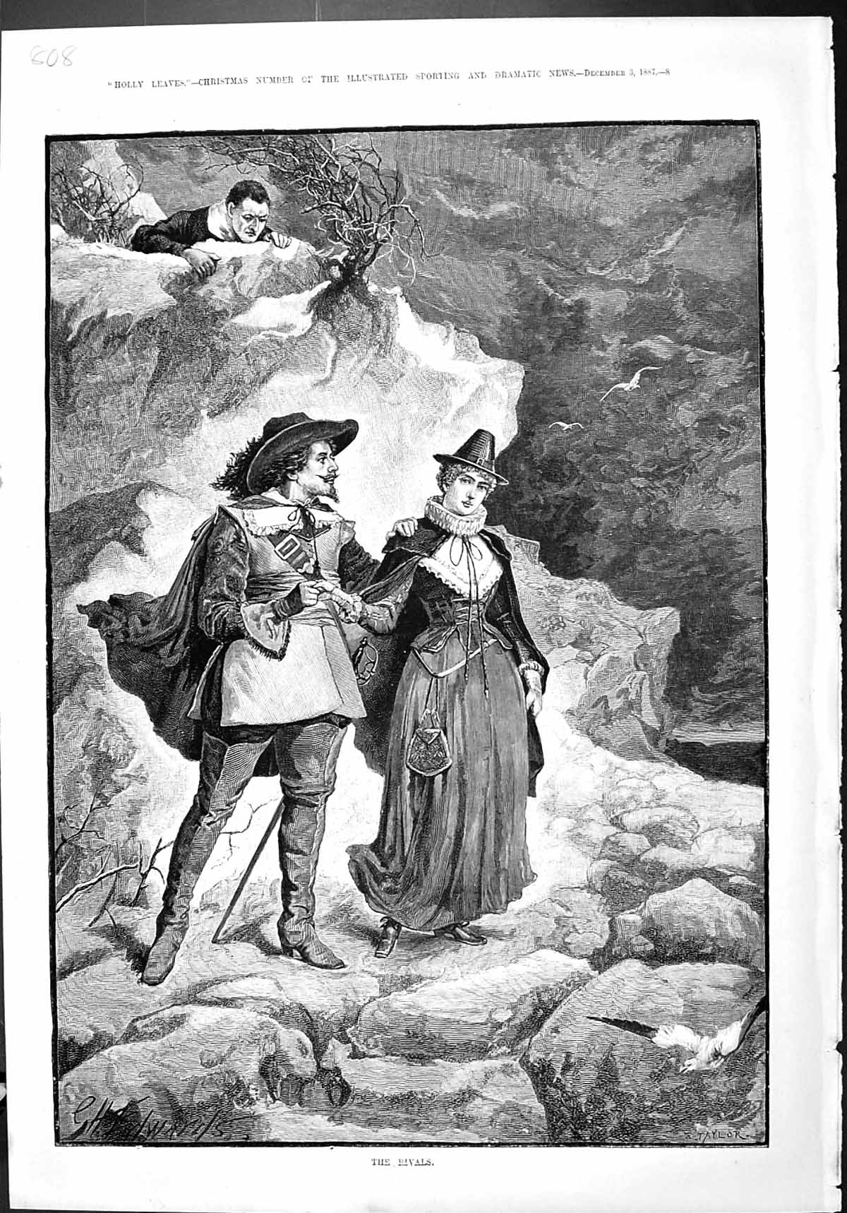 Original Old Antique Print 1887 Rivals Romance Man Lady Mountains Jelousy 19th