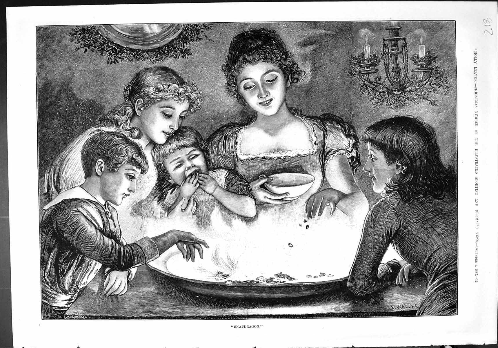 Original Old Antique Print Snapdragon 1887 Children Food Bowl Walker Victorian