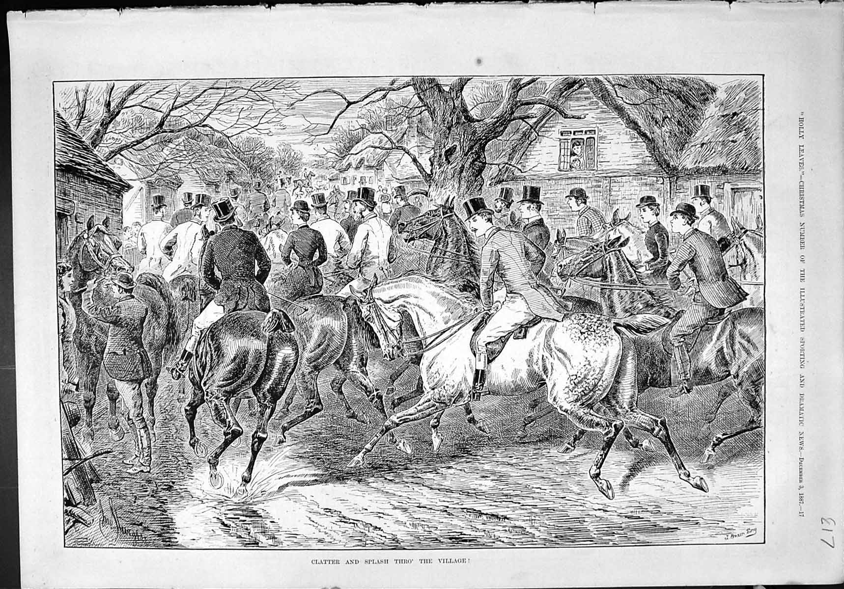 Antique Old Print Hunting Horses Clatter Splash Through Village 1887 Huntsmen