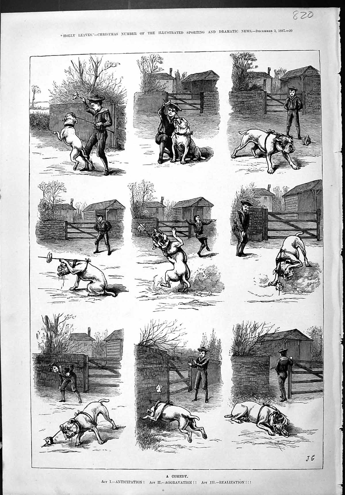 Old Print Young Boy Dog Comedy Anticipation Aggrivation Realization 1887 19th