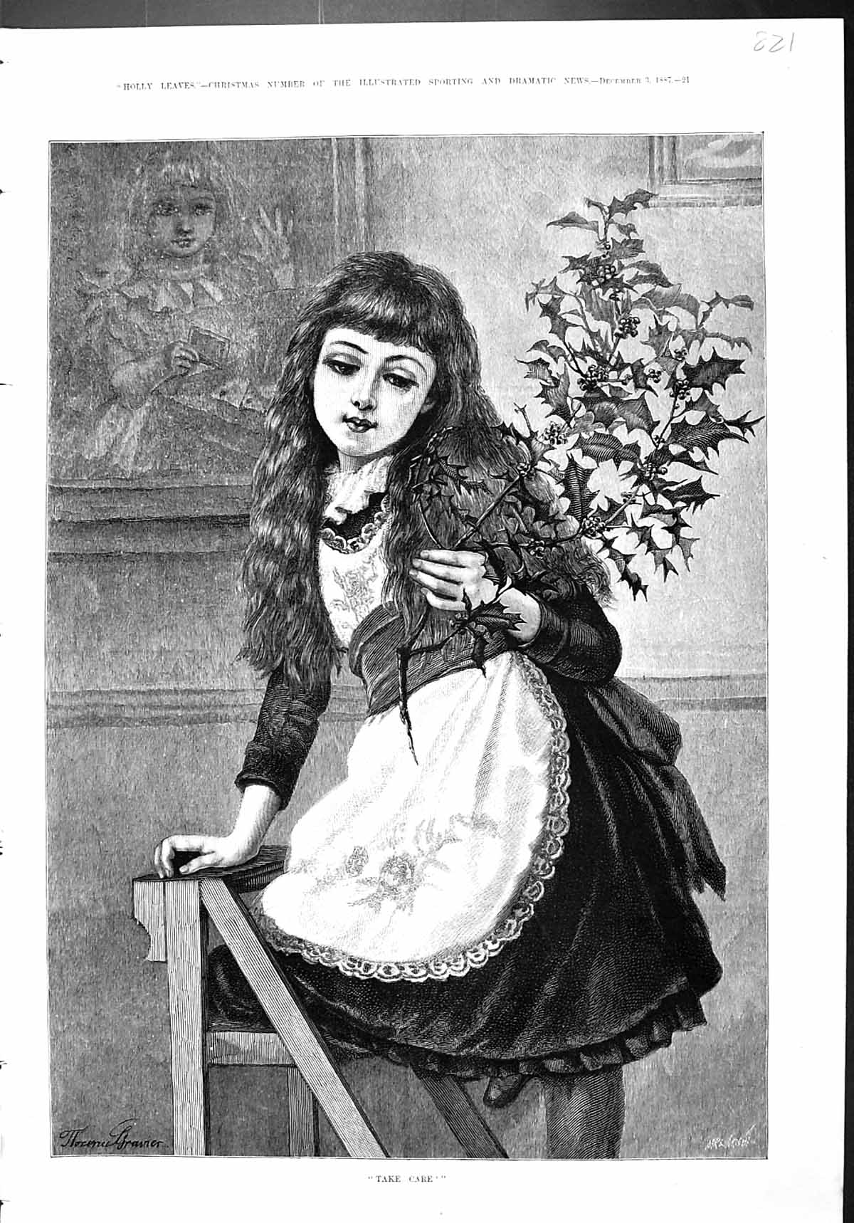 Old Antique Print Young Girl Step Ladder Christmas Holly Take Care 1887 19th