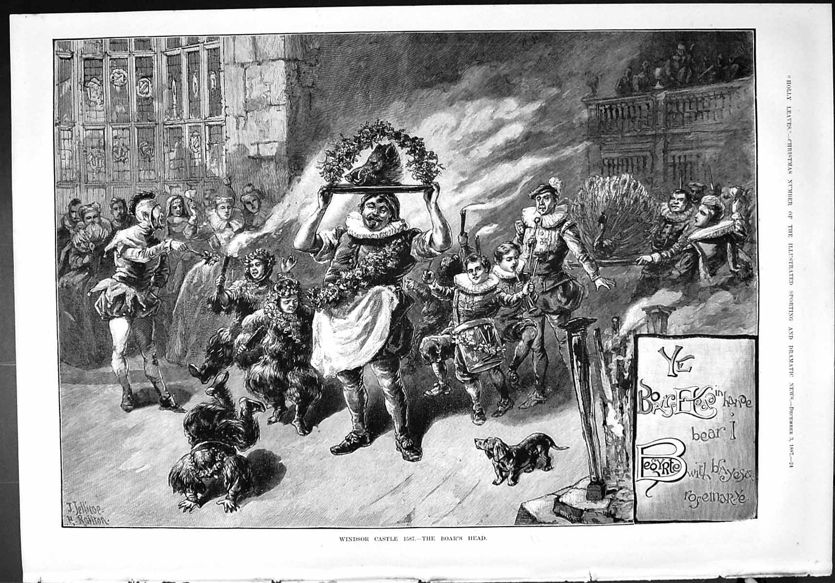 Original Old Antique Print Windsor Castle Boar'S Head Cooking Royal Family 1887