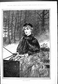Original Old Antique Print Beautiful Woman Christmas Holly Snow Carriage 1887
