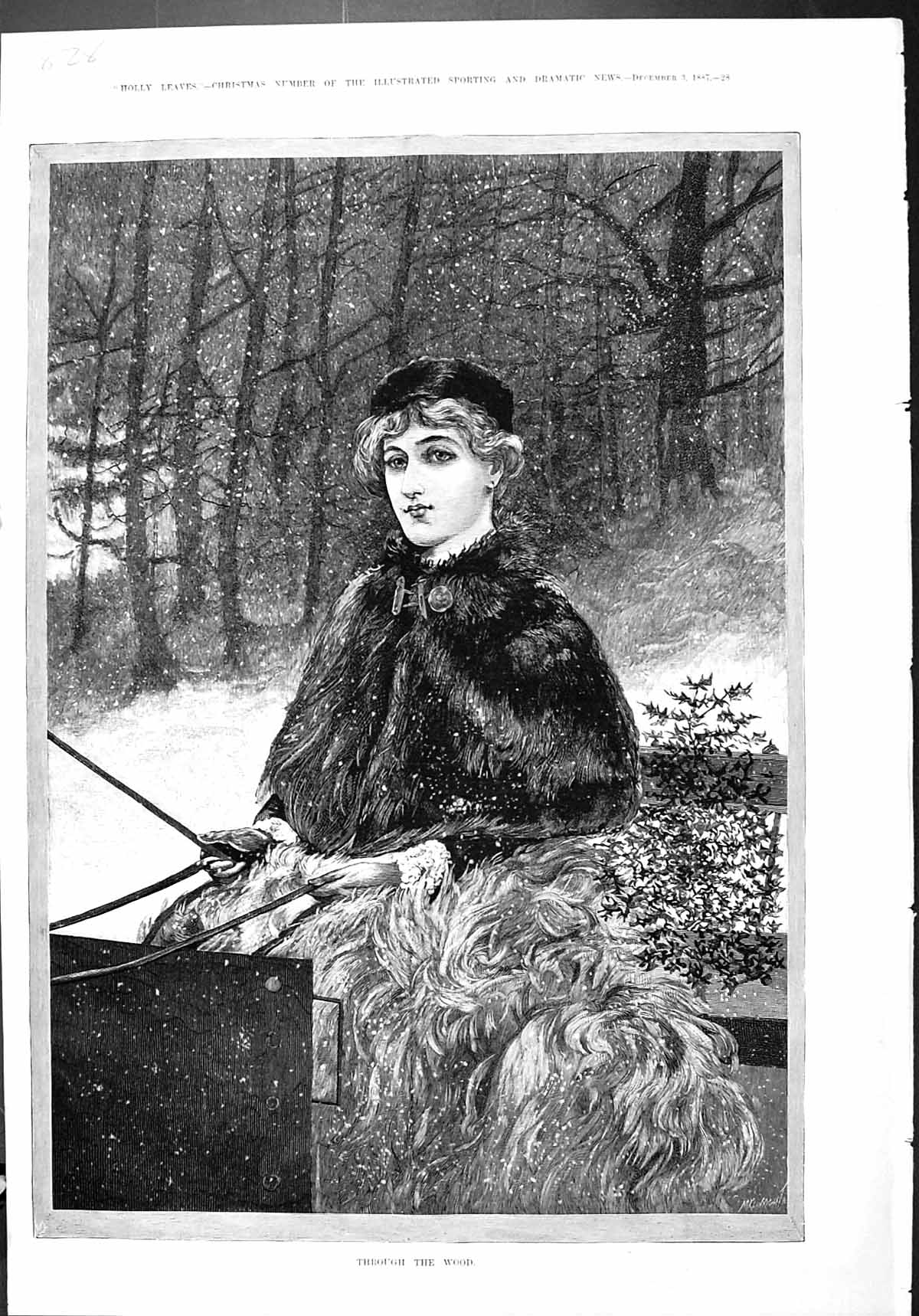Original Old Antique Print Beautiful Woman Christmas Holly Snow Carriage 1887