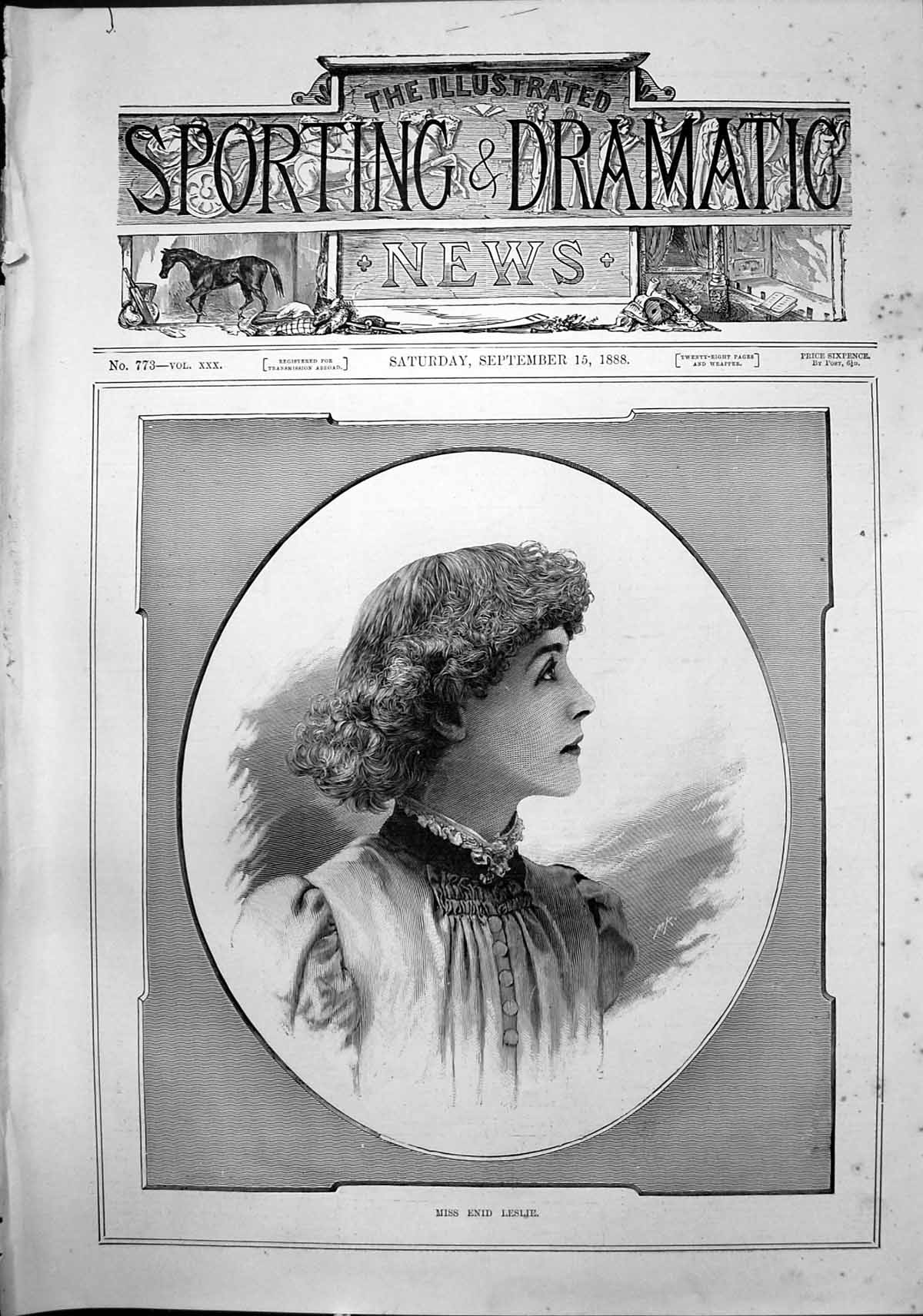 Original Old Antique Print Miss Enid Leslie 1888 19th Century