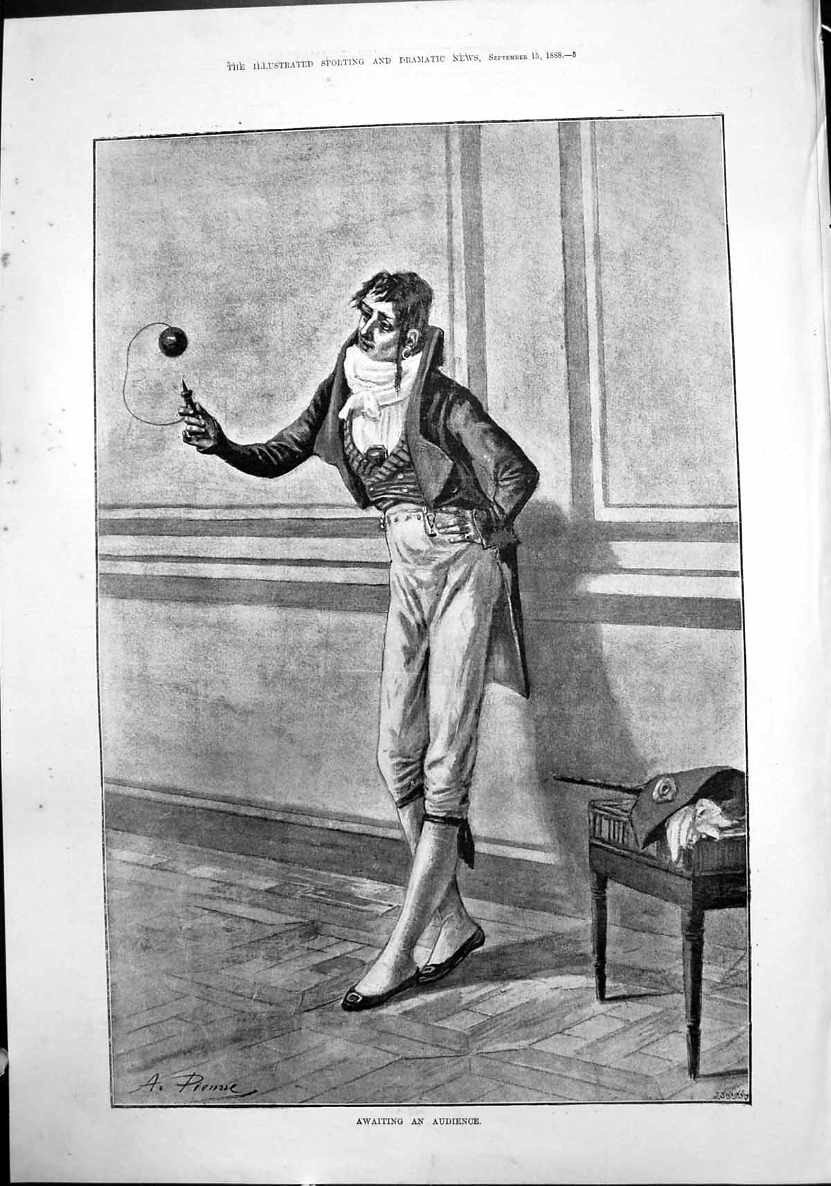 Original Old Antique Print Awaiting An Audience A Piemie Magician 1888 19th