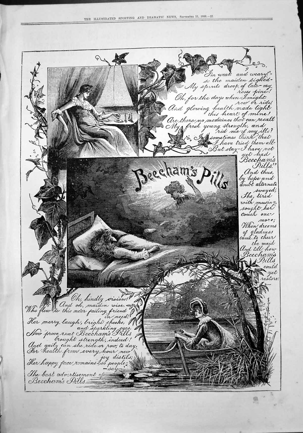 Antique Old Print Beechams Pills Bright Cheeks Strenght Ride Row Health 1888