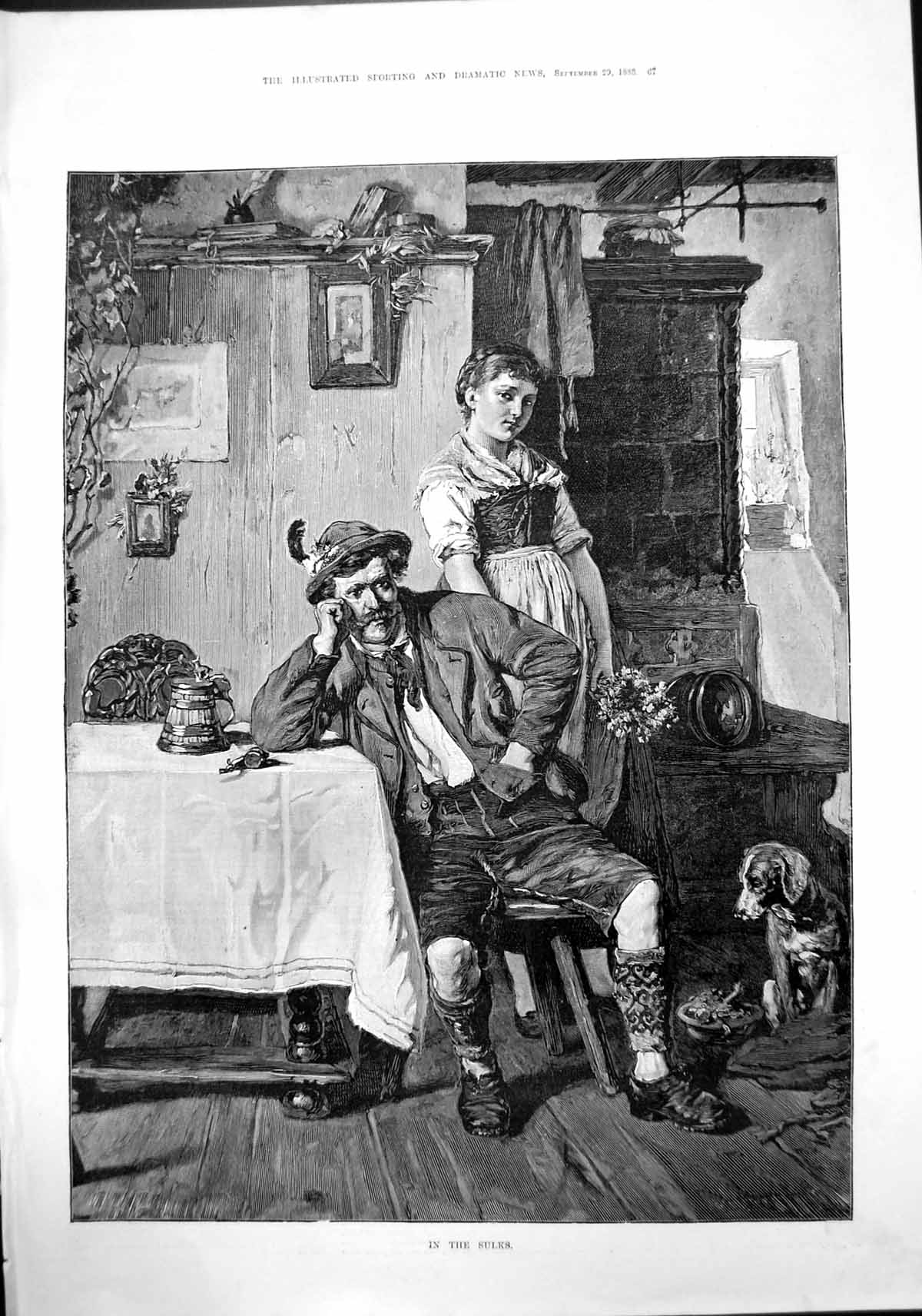 Antique Old Print In Sulks Forester Germany Been Angry Wife Dog Looks On 1888