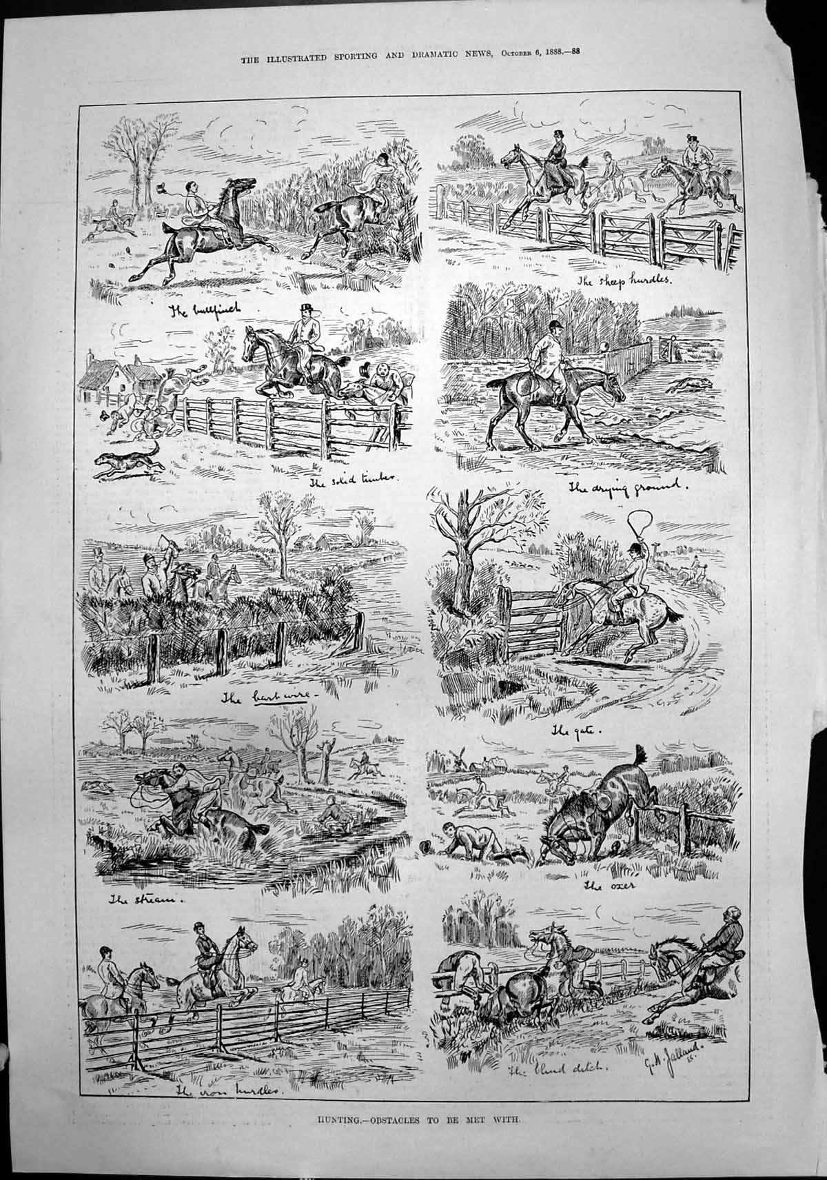 Antique Print Hunting Obstacles Bullfinch Sheep Gate Barbed Wire Ditch 1888